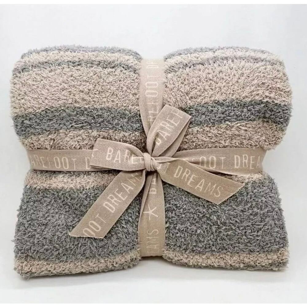 NEW! Barefoot Dreams Blanket CozyChic Throw Tan/ Warm Gray Stripe 45"‎ × 60"